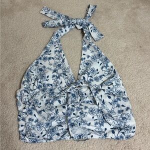 Cider Blue and White Floral Halter Tie-Back Camisole